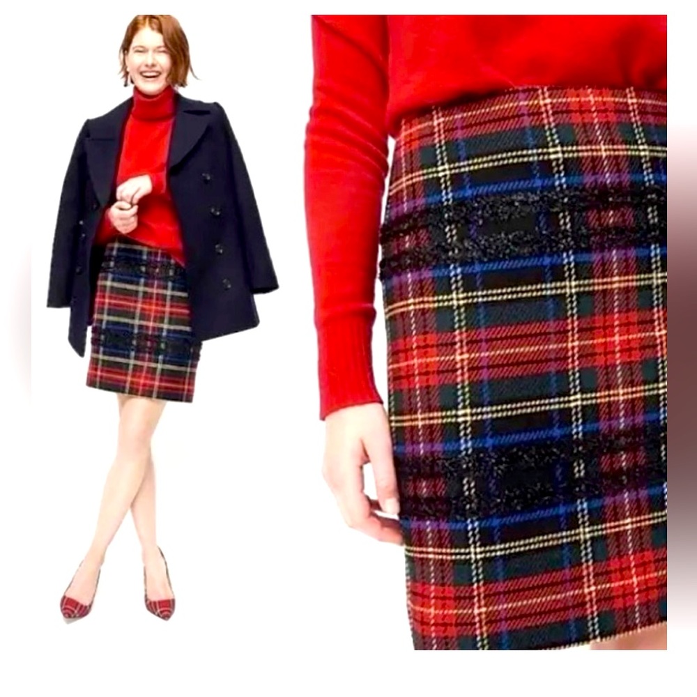 J crew lured Stewart tartan mini skirt wool blend lined sparkle accent